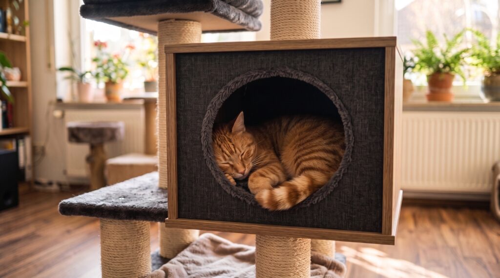 Cozy cat snoozing in a cubby