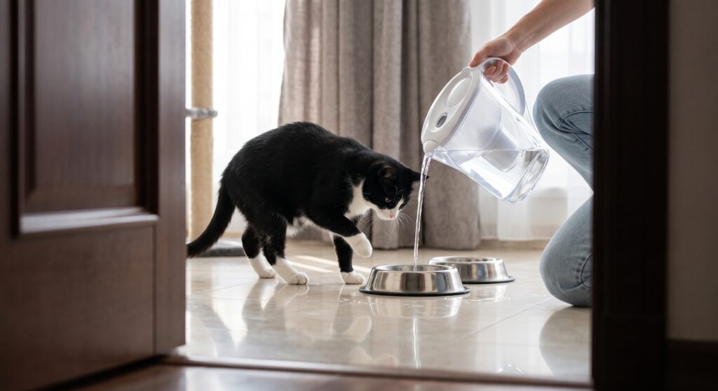 Owner giving cat fresh water